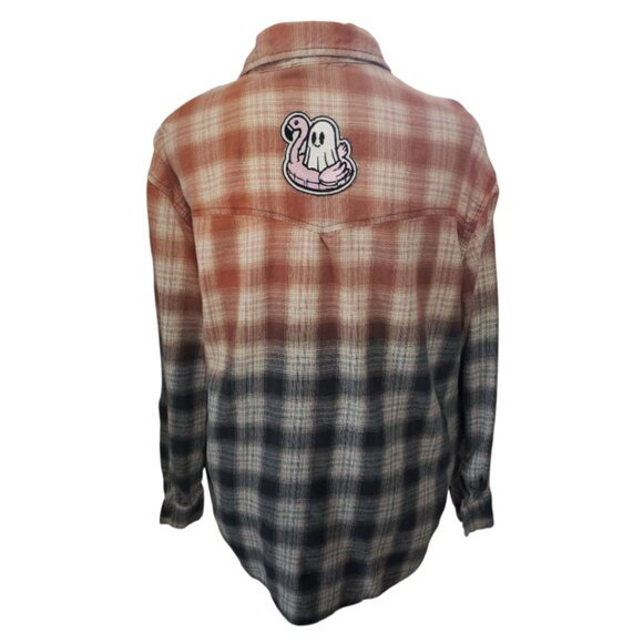 Upcycled Distressed Flannel with "Ghost on a Float" Embroidered Patch Medium - Picture 1 of 6